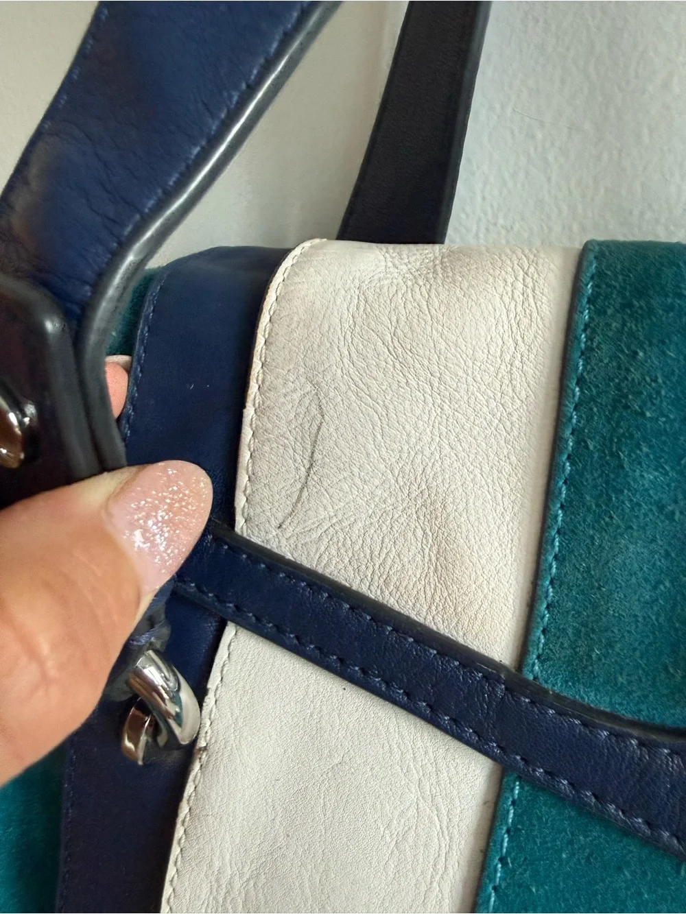 Karen Millen Teal, White & Navy Striped Satchel